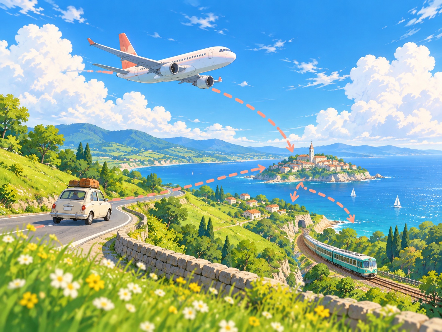 飞机、汽车和火车行经同一片海岸风景